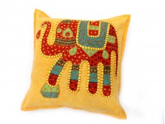 JAIPURI CUSHION COVER PILLOW CASE ELEPHANT DESIGN COTTON FABRIC RED YELLOW COLOR SIZE 17x17 INCH